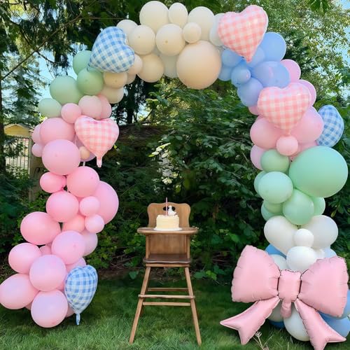 Silly Goose Balloon Arch with Checkered Heart Bow Foil Balloons, Pink Blue Sage Green Sand White Ivory Balloon Garland for...