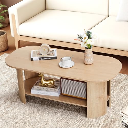 MAHYIZYI Oval Coffee Table for Living Room, 43.3” Farmhouse Coffee Tables with Storage, 2-Tier Wood Center Table with Stor...