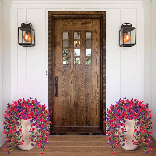 Artificial Hanging Flowers for Outdoor, 4pcs Fake Plants Long Vine Morning Glory Eucalyptus, Spring Summer UV Resistant Re...