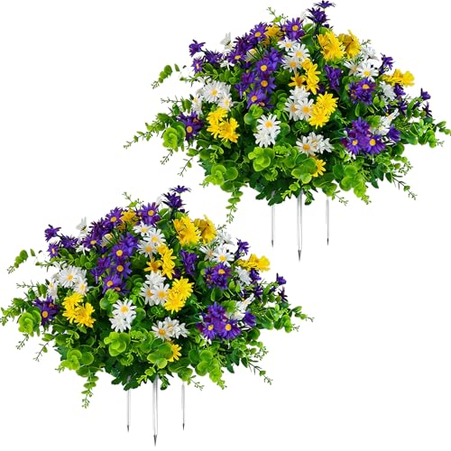 QIANYUN 20” Artificial Daisy Topiary Outdoor Plant, UV Resistant Faux Daisy Flowers, Outdoor Plants for Porch Decorations,...