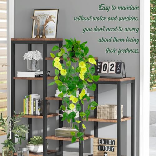 LOYWREE Artificial Hanging Flowers Plants Fake Potted Long Ivy Vine Plant Faux Pothos with Hanging Morning Glory Flowers f...