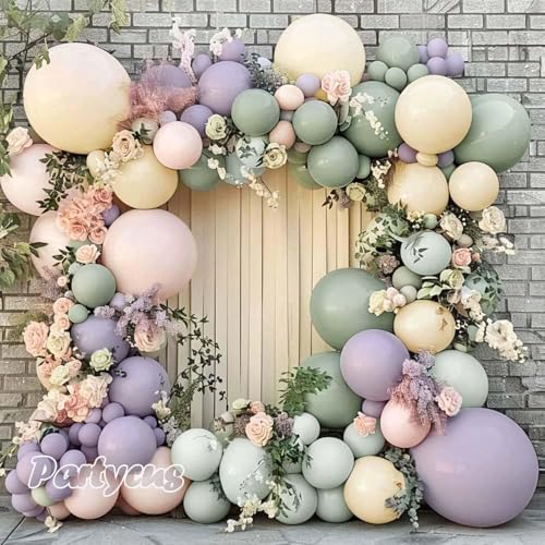 Dusty Green Purple Pink Balloon Arch, Double Stuffed Lavender Light Sage Green Ivory Blush Pastel Balloon Garland Kit for ...