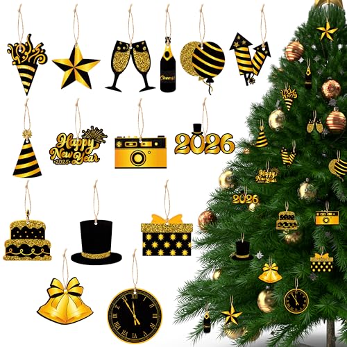 Haooryx 2026 New Year Ornaments - 46PCS 2026 Happy New Year Christmas Winter Ornament Decorations Black Gold Wooden Hangin...