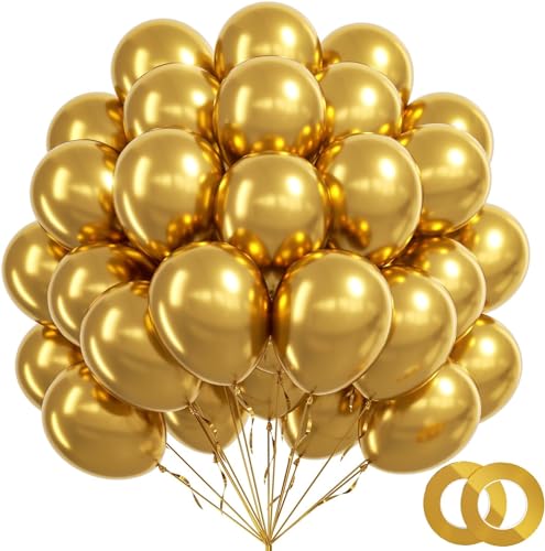 BAUANOOY 100pcs Metallic Gold Balloons 12 inch, Chrome Gold Balloons with Gold Ribbon for Birthday Graduation Engagement W...