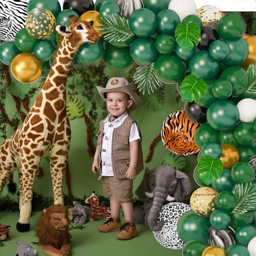 Amandir 152Pcs Jungle Safari Balloon Garland Arch Kit, Gold Dark Green Animal Balloons Artificial Tropical Palm Leaves Dec...