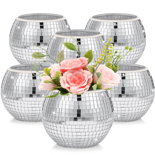 6 Pieces Disco Ball Flower Vase Mirror Disco Ball Glass Vase Planter Candle Holder Glass Vase Bulk for Wedding Centerpiece...