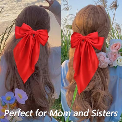 Velscrun Hair Bows for Women Girls Red Silky Satin Large Coquette Hair Bow Oversized Hair Ribbons Big Hair Bows Clip Long ...