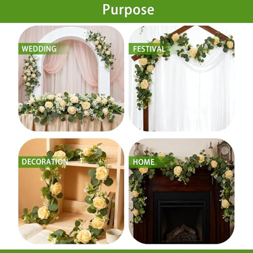 Solivya 2 Pack 5.9 FT Artificial Flower Garland with Lights, Fake Floral Garland with 12 Roses, White Flower Decorations f...