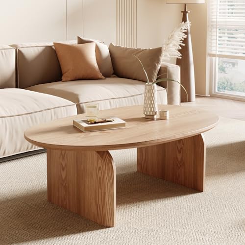 Honyee Modern Oval Coffee Table, Small Coffee Tables for Living Room - Oak Wood Top with Solid Legs, Wooden Center Table E...