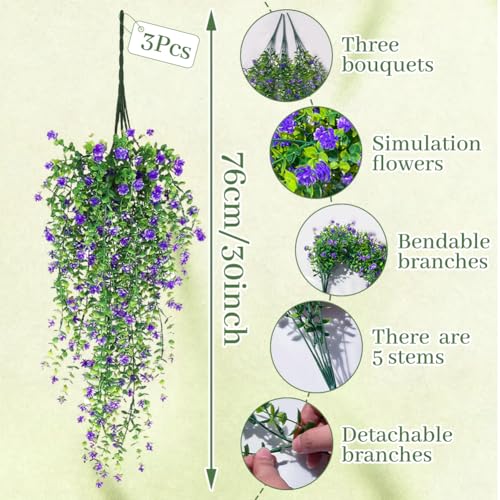 Artificial Hanging Flowers, 3 Pcs Fake Hanging Plants Decor, Artificial Vines for Outdoors, UV Resistant No Fade Artificia...