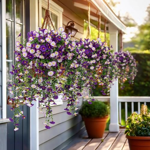 Lcuasc 2Pcs Outdoor Faux Hanging Flowers Artificial Morning Glory with Eucalyptus Leaves UV Resistant Look Real Fake Plant...