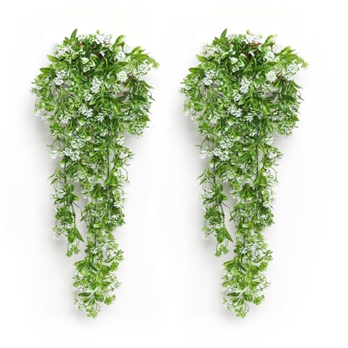 RECUTMS 2Pcs Artificial Hanging Flowers for Outdoor Decoration Fake Hanging Plants Faux White Flowers Artificial UV Resist...