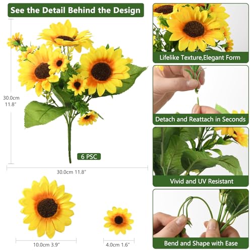 Homsunny Fake Sunflowers Artificial Flowers for Outdoor Decoration, 6 Pcs Faux Silk Sunflowers Realistic UV Resistant for ...