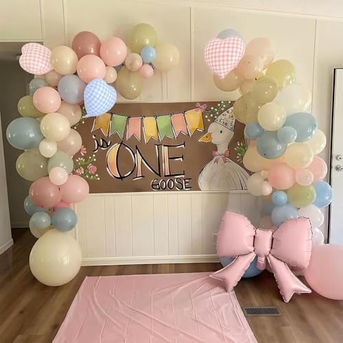 Silly Goose Balloon Arch with Checkered Heart Bow Foil Balloons, Pink Blue Sage Green Sand White Ivory Balloon Garland for...