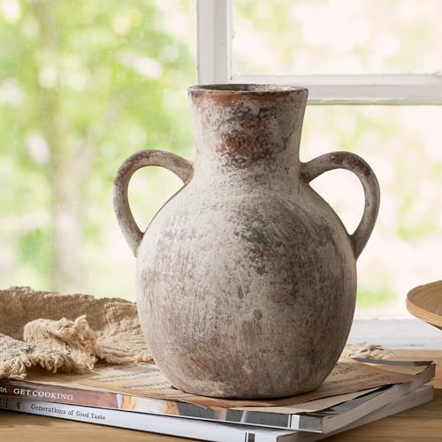 SIDUCAL Rustic Ceramic Farmhouse Flower Vase with 2 Handles, Whitewashed Terra Cotta Vase, Decorative Pottery Flower for H...