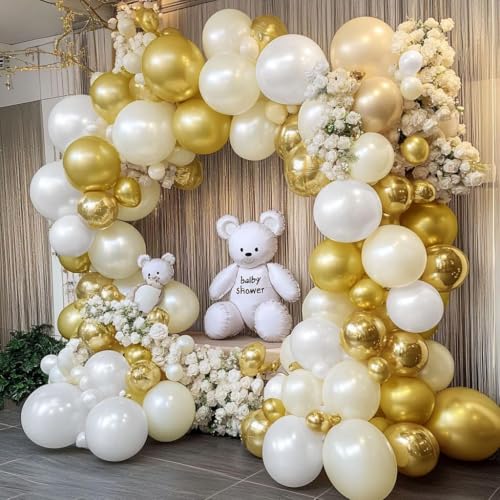 White and Gold Balloon Garland - Double Stuffed Pearl Sand White Gold Balloons Arch Kit 5 12 18 inch for Birthday Graduati...