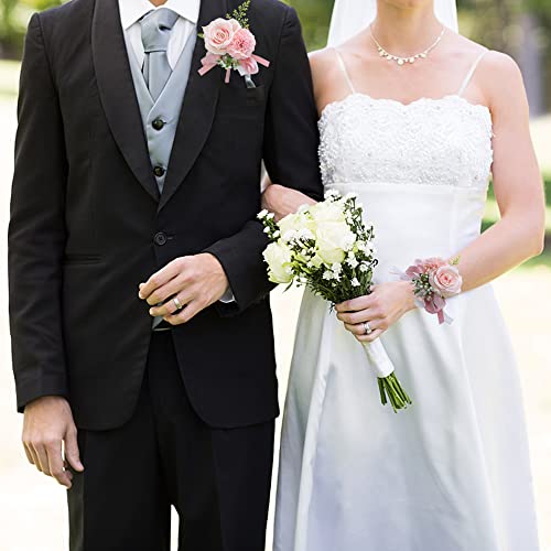 YESKY Wrist Corsage and Boutonniere Set for Bride Groom Bridesmaids Groomsmen Wedding Homecoming Flowers Prom Suit Accesso...