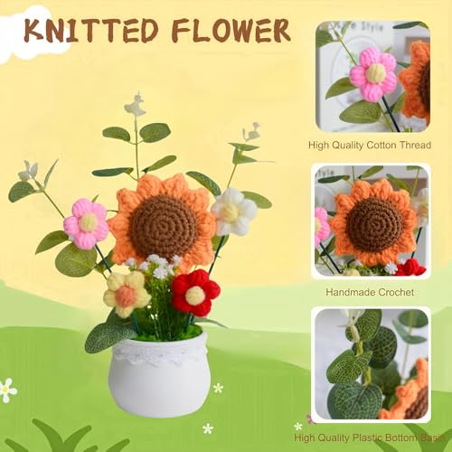 Crochet Flowers Artificial Sunflower Baby's Breath Knitted Eternal Potted Plants,Handmade Crocheted Puff Flowers Potted,Ha...