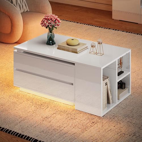 YITAHOME Coffee Table LED Coffee Table with 4 Storage Drawers, Extendable Coffee Tables for Living Room, Modern Wooden Rec...