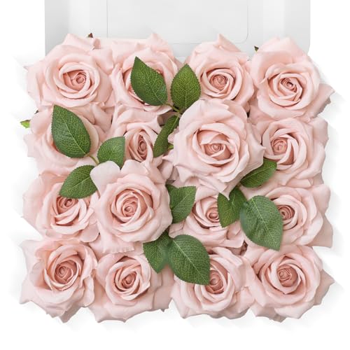 TINGE TIME 16PCS Artificial Flowers Rose Box, Rouge Pink Silk Flowers Bulk w/Stem, Fake Rose Real Touch Silk Flowers for D...