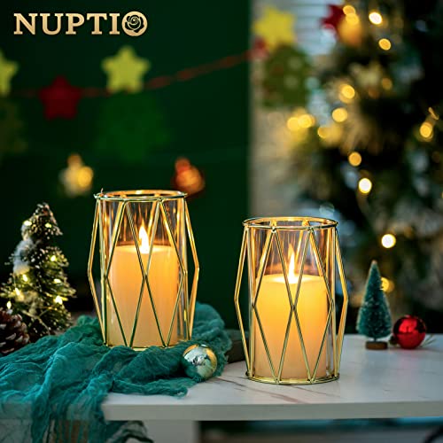 Nuptio Candle Holders for Pillar Candles - Geometric Candleholders Gold Flower Vase with Hurricane Cylinder Glass Dual Use...