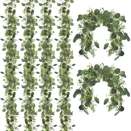 IMengjbang 6 Pack 5.9 Feet Faux Eucalyptus Garlands Bulk, Artificial Wedding Garland with White Flowers Faux Silver Dollar...