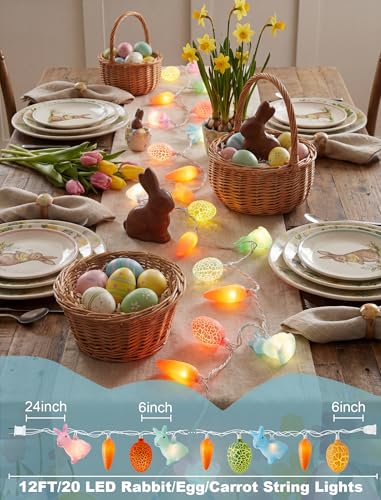 Pallerina Easter Rabbit Carrot Egg String Lights, 12Ft 20 LED Multicolored Bunny Carrot Easter Egg Fairy Lights, Plug in S...
