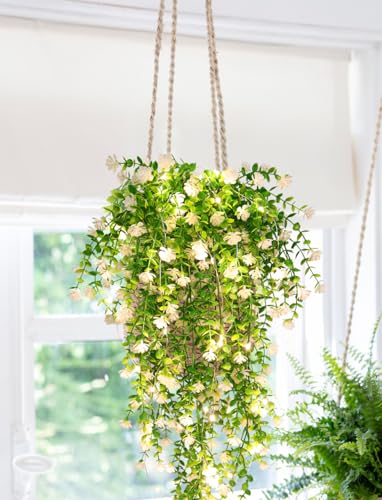 RECUTMS 3 Pcs Hanging Fake Plants Fake Vines Artificial Plants Large Faux Hanging Plant with 30 LED String Light, Artifici...