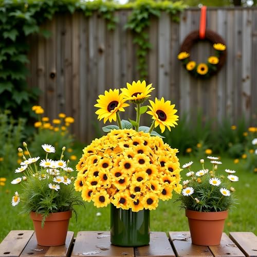 Xinjincang 100Pcs Yellow Fashion Artificial Flower Heads Mini Fake Sunflower Decorative Fabric Flowers Craft Floral Embell...