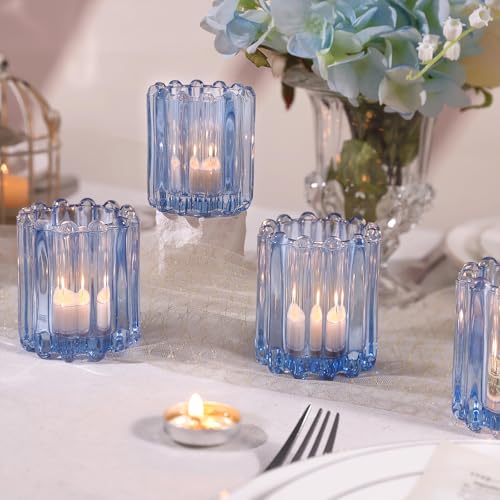 HAVITI 6 PCS Votive Candle Holder, Blue Glass Candle Holders, Tealight Candle Holder for Wedding Centerpieces Dinner Party...