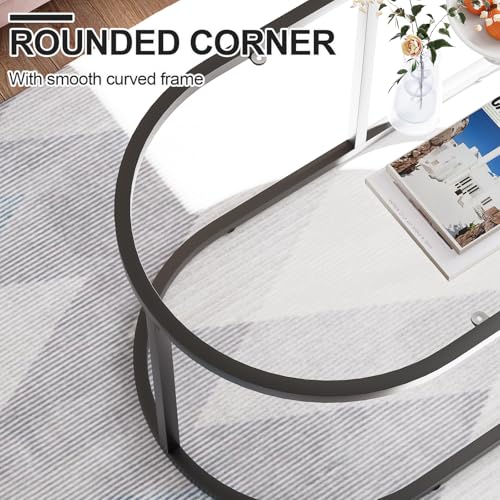 Wolawu Coffee Table Black Glass Coffee Tables for Living Room, Oval Table Center Table with Sturdy Metal Frame,Modern Temp...