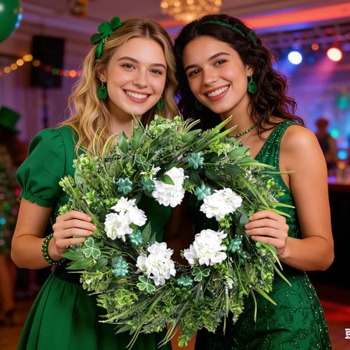 22" St. Patrick’s Day Wreath for Front Door, Green Shamrock & White Hydrangea Artificial Wreaths with LED Lights, Spring H...