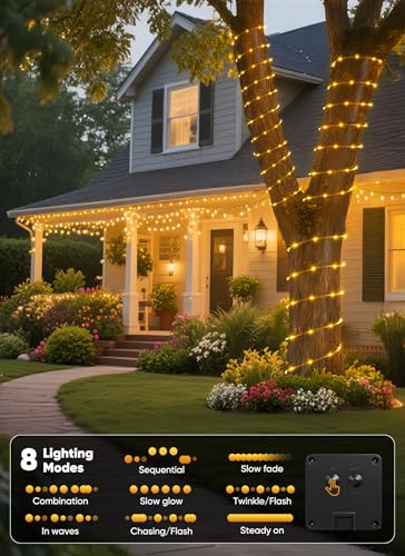 Brightown Solar Rope Lights, 39FT 100LED Outdoor Solar String Lights, IP65 Waterproof Solar Powered Fairy Lights with 8 Li...