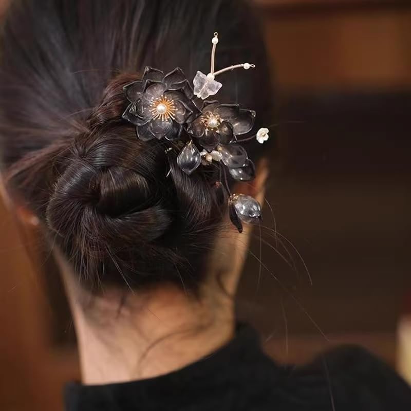 Cayyoomm Black Resin Camellia Hairpin Set with 3 Flowers, Chinese Hanfu Vintage Gothic Hair Stick for Women Metal Hairpin ...
