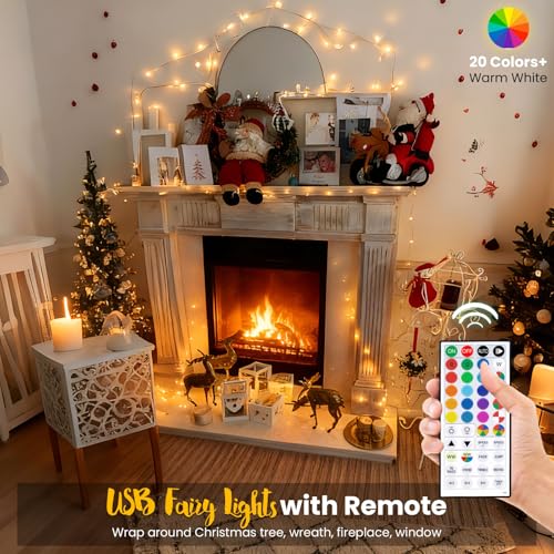 Fairy Lights USB Plug in 33ft 100LEDs with Remote, Warm White 20 Color Changing Light Twinkle Firefly String Lights for Be...