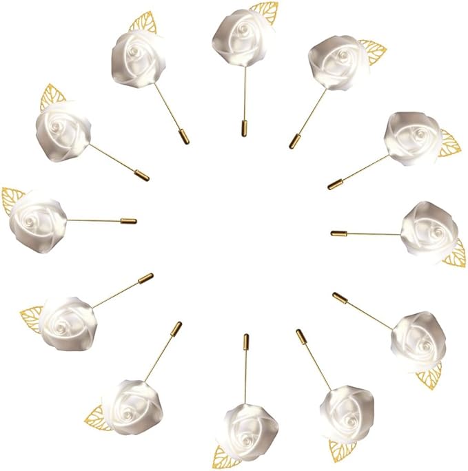 WeddingBobDIY 12Pieces/lot Groom Boutonniere Wedding Silk Rose(3.5cm) Flowers Accessories Prom Pin Man Suit Decoration White
