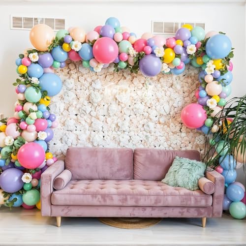 Flower Balloon Arch Kit, 122Pcs Hot Pink Pastel Blue Dusty Green Macaron Orange Lavender Purple Yellow Matte Balloons for ...