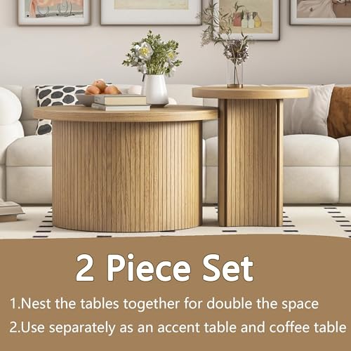 Mxtxmy Set of 2 Nesting Coffee Tables Farmhouse,Round Coffee Table Living Room,Wood Finish Coffee Table Set, Small Coffee ...