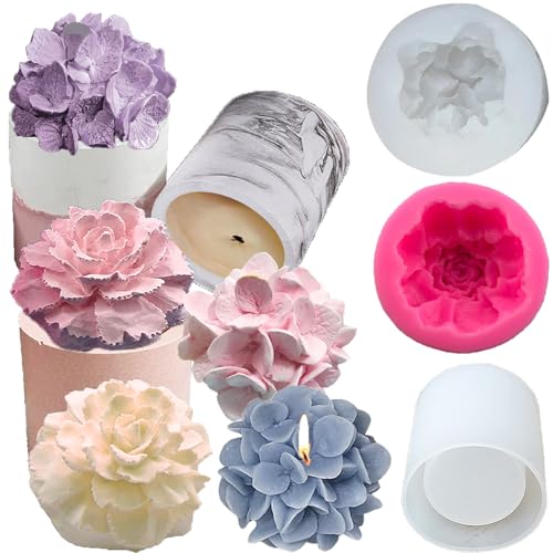 Hydrangea Carnation Flower Candle Soap Silicone Mold,Candle Jar Molds Silicone Cement with Lid,Concrete Vessels Moulds for...