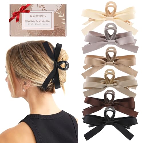 Auseibeely 6 PCS Silky Satin Bow Hair Clips, Non-Slip Clips for Thin and Thick Hair, Bows for Women, Girls, Weddings, and ...