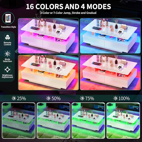 YITAHOME LED Coffee Tables for Living Room, High Glossy Coffee Table with Storage 4 Sliding Drawers, Small Rectangular LED...
