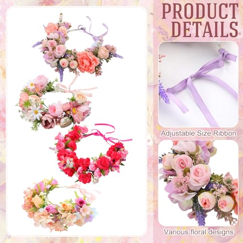 Hoteam 4 Pcs Fairy Flower Crowns for Women Floral Headbands Adjustable Wedding Fairy Floral Crowns for Women Renaissance W...