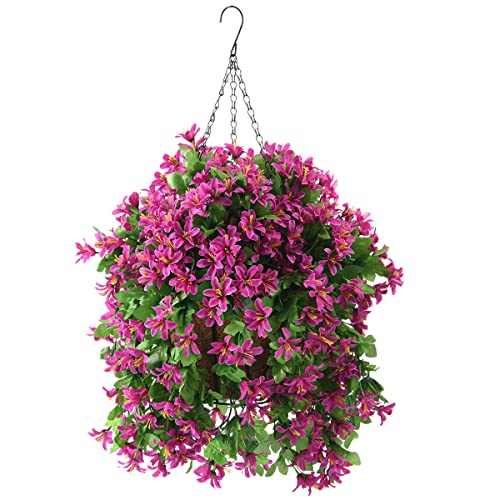 INQCMY Artificial Hanging Flowers in Basket for Spring Summer Outdoor Porch Decoration,UV Resistant Fake Silk Violet in Pl...