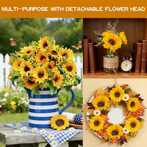 TURNMEON 28Pcs Sunflowers Artificial Flowers for Outdoors Spring Decor, 4 Pack Fake Flowers Silk Faux Sunflower Bouquet Ar...