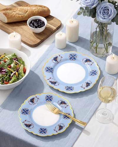 Morejoy 60Pcs Plastic Disposable Plates Set - Blue Plastic Plates Featuring Blue & Orange Floral Design With Gradient Gold...