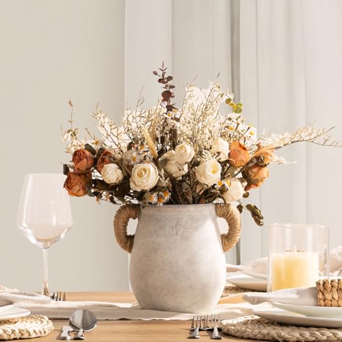 Ceramic Flower Vase Home Decor - 7.1 Inch White Rustic Table Flowers Vases Living Room Bedroom Plant Decoration Modern Far...