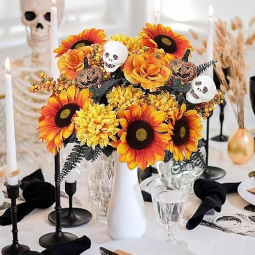 NAHUAA 2Pcs Fall Flowers Artificial Halloween Flowers 20Inch Fake Sunflowers with Silk Marigold Roses Skulls Decor for Hal...