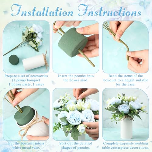 Domensi 6 Sets Wedding Floral Centerpiece for Table Decor, Artificial Peonies Silk Flowers Bouquet with Flower Foam and Me...