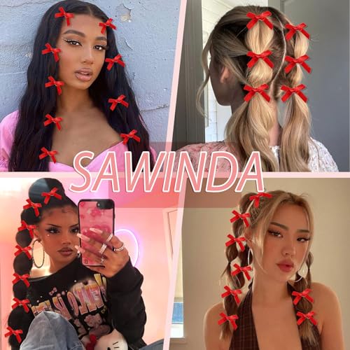 SAWINDA 20PCS Red Mini Hair Bows Small Bow Hair Clips Cute Bowknot Silk Ribbons for Girls Valentines Sweet Bows for Hair N...