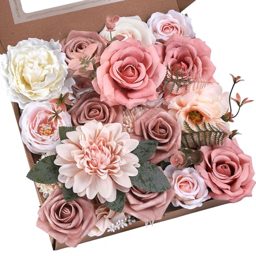 BSMYBO Artificial Flowers Combo Dusty Pink Flowers Bouquets Fake Roses Faux Floral Arrangements for Wedding Bridal Bouquet...